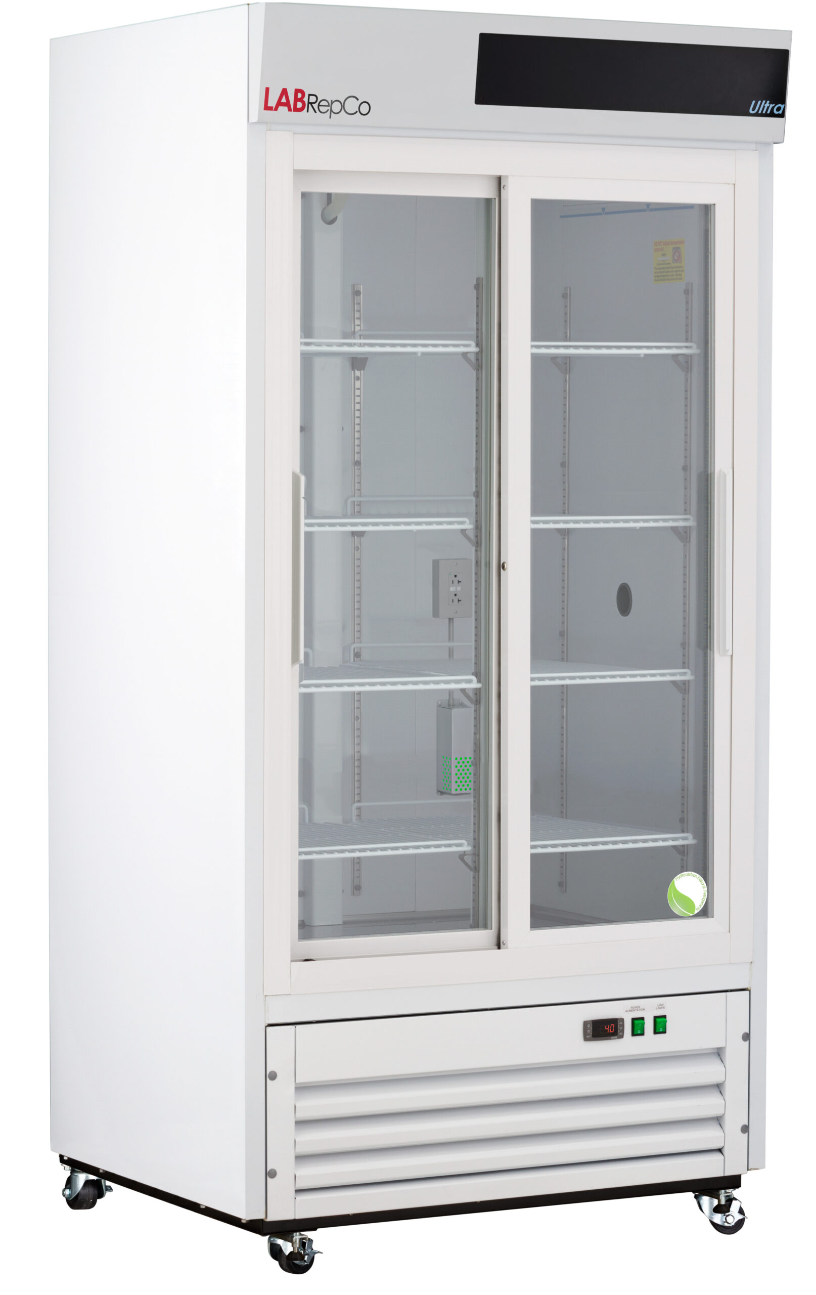 LabRepCo Ultra Series 33 Cu. Ft. Chromatography Refrigerator with Sliding Glass Door and temperature display at the bottom of the unit