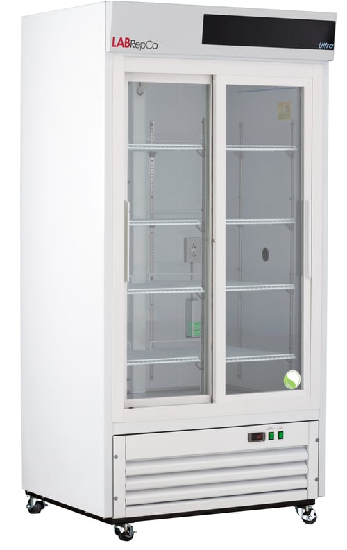 LabRepCo Ultra Series 33 Cu. Ft. Chromatography Refrigerator with Sliding Glass Door and temperature display at the bottom of the unit