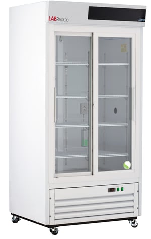 LabRepCo Ultra Series 33 Cu. Ft. Chromatography Refrigerator with Sliding Glass Door and temperature display at the bottom of the unit
