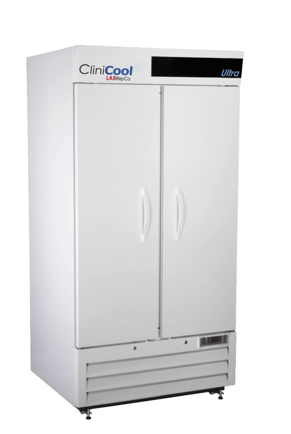 LabRepCo CliniCool© Ultra Series 36 Cu. Ft. Pharmacy/Vaccine Refrigerator with closed Hinged solid Doors that have pull handles.