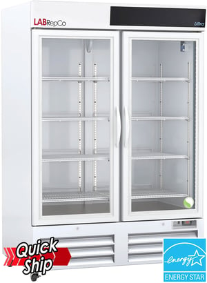 LabRepCo brand LHU-49-HG model Ultra Series 49 Cu. Ft. Laboratory Refrigerator with Hinged Glass Doors and energy star certified