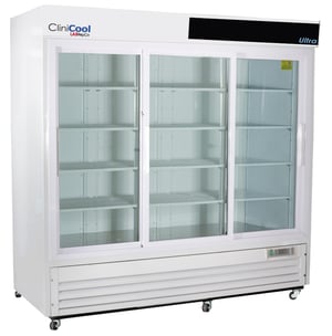 a labrepco clinicool series Ultra 69 cubic foot triple door medical-grade refrigerator with sliding glass doors and casters