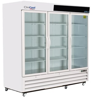 a labrepco clinicool series Ultra 72 cubic foot triple door medical-grade refrigerator with glass doors and casters