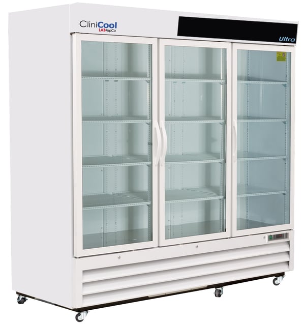 a labrepco clinicool series Ultra 72 cubic foot triple door medical-grade refrigerator with glass doors and casters