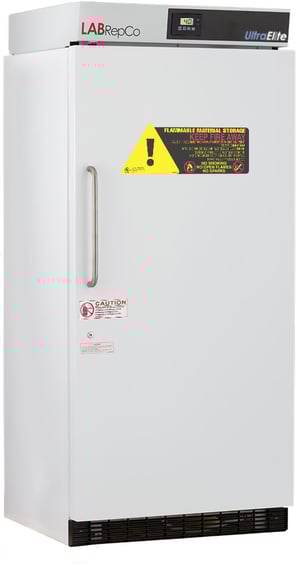 LabRepCo branded Ultra Elite Series 30 Cu. Ft. Flammable Material Storage Refrigerator with closed Solid Door, stainless steel pull handle, key hole and large caution sticker and temperature display at the top
