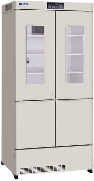 PHCbi MPR Series 20.9 Cu. Ft. Dual Temperature Medical-Grade Refrigerator / Freezer with upper glass doors that are solid halfway down