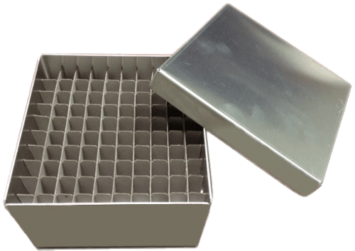 Standard 3" Aluminum Boxes for Freezer Racks | With 100 Cell Dividers (Qty of 50)