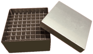 Standard 3" Aluminum Boxes for Freezer Racks | With 81 Cell Dividers (Qty of 50)