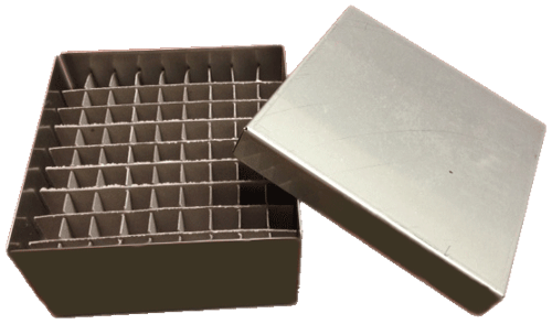Standard 3" Aluminum Boxes for Freezer Racks | With 81 Cell Dividers (Qty of 50)