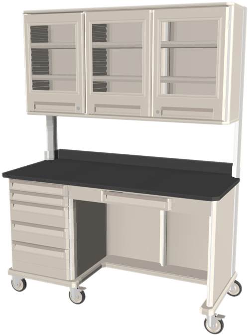 Metro Starsys® Mobile Triple Wide Workcenter with Epoxy Resin Tops, Overhead Storage and Kneewell | 28.6" x 63.2" x 36.5"