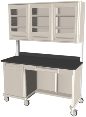 Metro Starsys® Mobile Triple Wide Workcenter with Locking Undercounter Door Epoxy Resin Tops, Overhead Storage, Kneewell | 28.6" x 63.2" x 36.5"