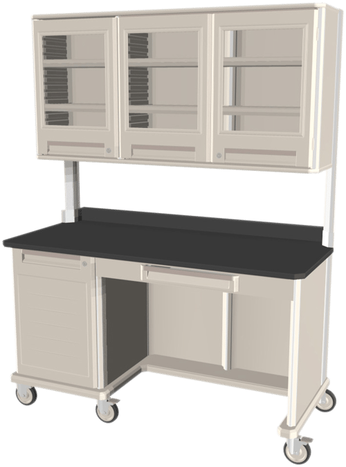 Metro Starsys® Mobile Triple Wide Workcenter with Locking Undercounter Door Epoxy Resin Tops, Overhead Storage, Kneewell | 28.6" x 63.2" x 36.5"