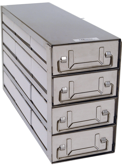 Upright Freezer Drawer Rack w/ 2" Fiberboard Boxes and 100 Cell Dividers (3 Boxes Deep x 4 Boxes High)