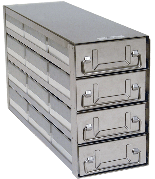 Upright Freezer Drawer Rack w/ 2" Polycarbonate Boxes & 100 Cell Dividers (3 Boxes Deep x 4 Boxes High)