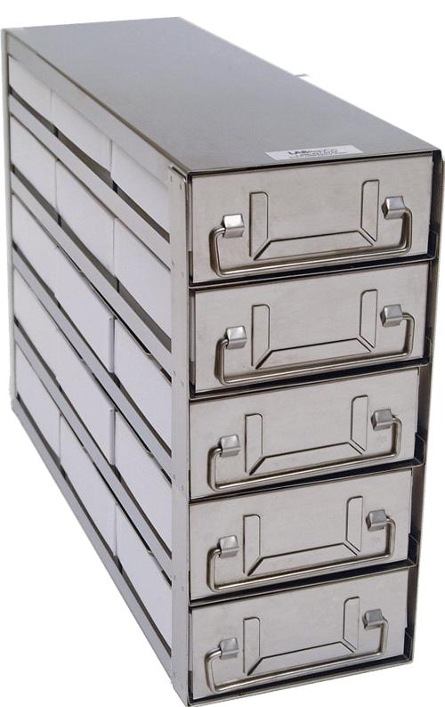 Upright Freezer Drawer Rack w/ 2" Fiberboard Boxes and 100 Cell Dividers (3 Boxes Deep x 5 Boxes High)