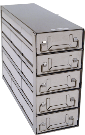 Upright Freezer Drawer Rack w/ 2" Fiberboard Boxes and 81 Cell Dividers (3 Boxes Deep x 5 Boxes High)