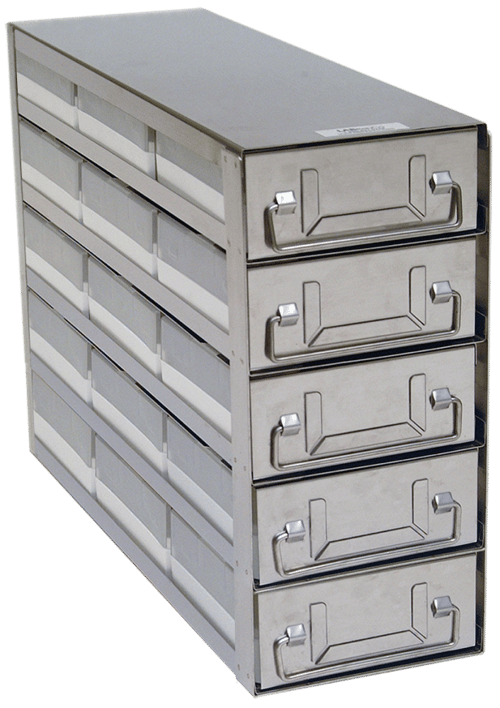 Upright Freezer Drawer Rack w/ 2" Polycarbonate Boxes & 100 Cell Dividers (3 Boxes Deep x 5 Boxes High)