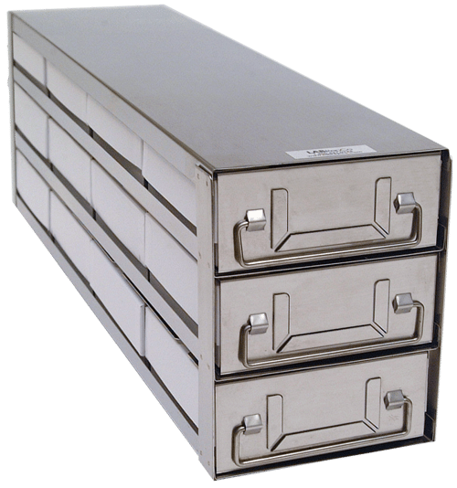 Upright Freezer Drawer Rack w/ 2" Fiberboard Boxes and 100 Cell Dividers (4 Boxes Deep x 3 Boxes High)