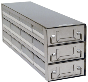 Upright Freezer Drawer Rack w/ 2" Polycarbonate Boxes & 100 Cell Dividers (4 Boxes Deep x 3 Boxes High)