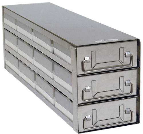Upright Freezer Drawer Rack w/ 2" Polycarbonate Boxes & 100 Cell Dividers (4 Boxes Deep x 3 Boxes High)