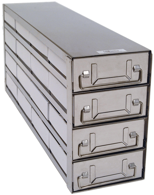 Upright Freezer Drawer Rack w/ 2" Fiberboard Boxes and 81 Cell Dividers (4 Boxes Deep x 4 Boxes High)