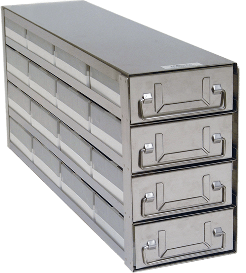 Upright Freezer Drawer Rack w/ 2" Polycarbonate Boxes & 100 Cell Dividers (4 Boxes Deep x 4 Boxes High)