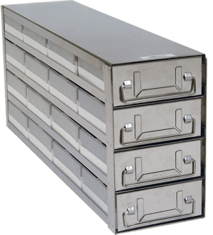 Upright Freezer Drawer Rack w/ 2" Polycarbonate Boxes & 81 Cell Dividers (4 Boxes Deep x 4 Boxes High)