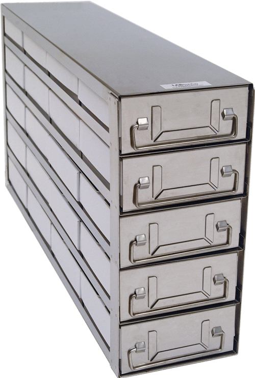 Upright Freezer Drawer Rack w/ 2" Fiberboard Boxes and 100 Cell Dividers-4 Boxes Deep x 5 Boxes High