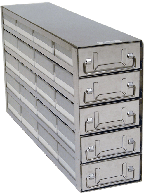 Upright Freezer Drawer Rack w/ 2" Polycarbonate Boxes & 100 Cell Dividers (4 Boxes Deep x 5 Boxes High)