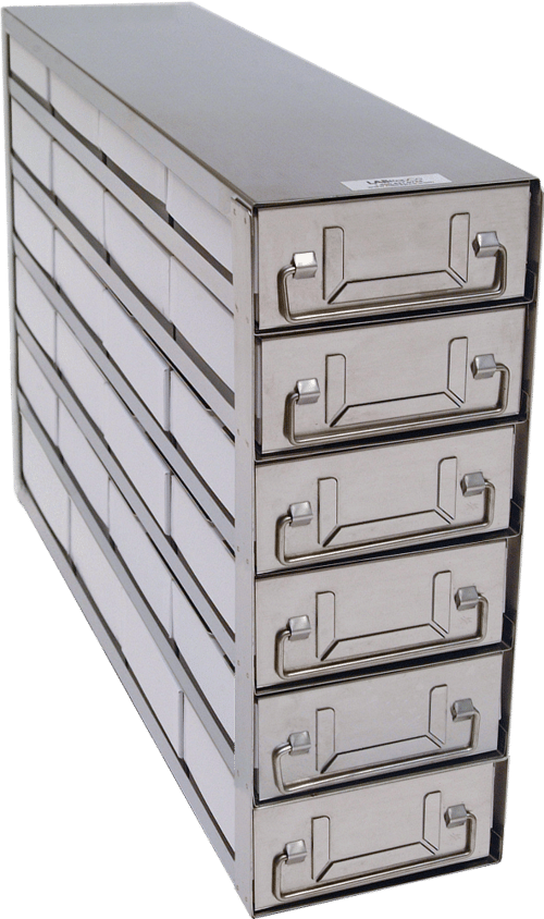 Upright Freezer Rack with Drawers with Cardboard 2" Boxes (100 Cell Dividers) for PHCbi Upright Freezers - 4 Boxes Deep x 6 Boxes High