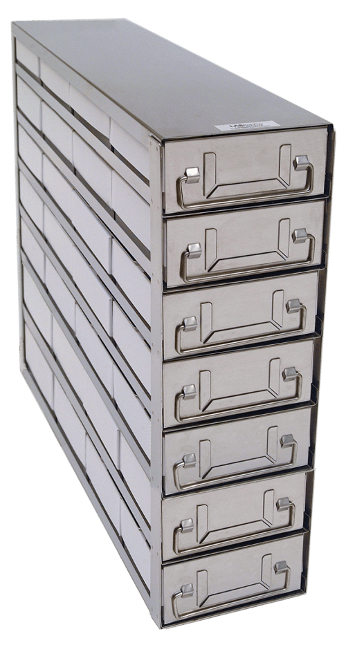 Upright Freezer Rack with Drawers for Standard 2" Boxes and 100 Cell Dividers (4 Boxes Deep x 7 Boxes High)