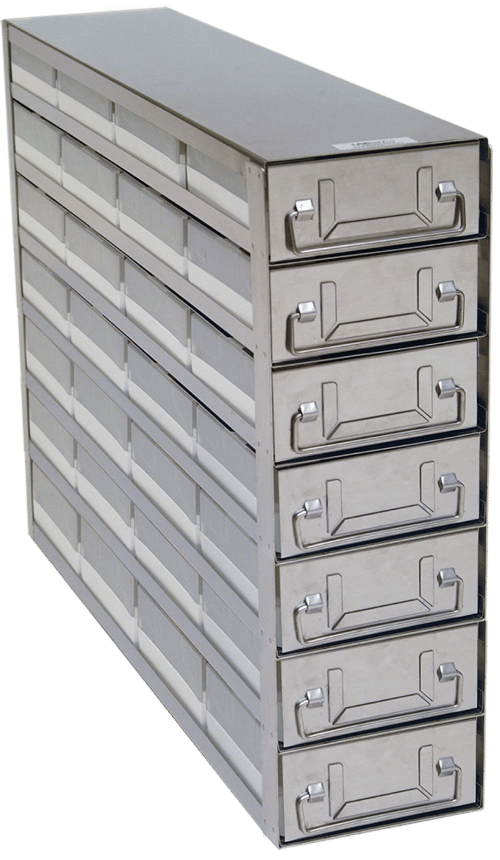 Upright Freezer Drawer Rack w/ 2" Polycarbonate Boxes & 81 Cell Dividers (4 Boxes Deep x 7 Boxes High)
