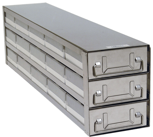 Upright Freezer Drawer Rack w/ 2" Polycarbonate Boxes & 100 Cell Dividers (5 Boxes Deep x3 Boxes High)