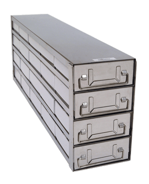 Upright Freezer Drawer Rack w/ 2" Fiberboard Boxes and 100 Cell Dividers (5 Boxes Deep x 4 Boxes High)
