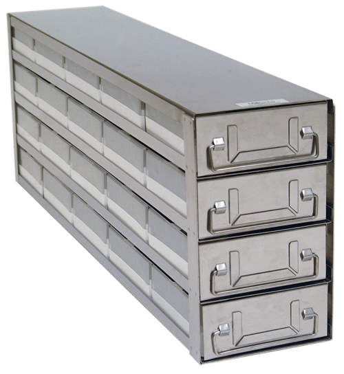 Upright Freezer Drawer Rack w/ 2" Polycarbonate Boxes & 81 Cell Dividers (5 Boxes Deep x 4 Boxes High)