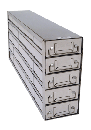 Upright Freezer Drawer Rack w/ 2" Fiberboard Boxes and 100 Cell Dividers (5 Boxes Deep x 5 Boxes High)