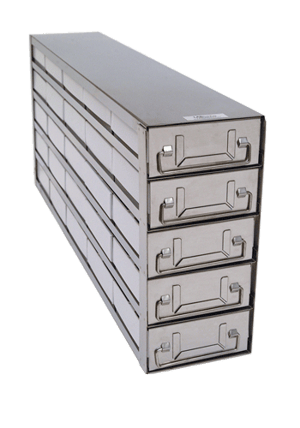 Upright Freezer Drawer Rack w/ 2" Fiberboard Boxes and 81 Cell Dividers (5 Boxes Deep x 5 Boxes High)