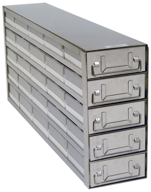 Upright Freezer Drawer Rack w/ 2" Polycarbonate Boxes and 100 Cell Dividers (5 Boxes Deep x 5 Boxes High)