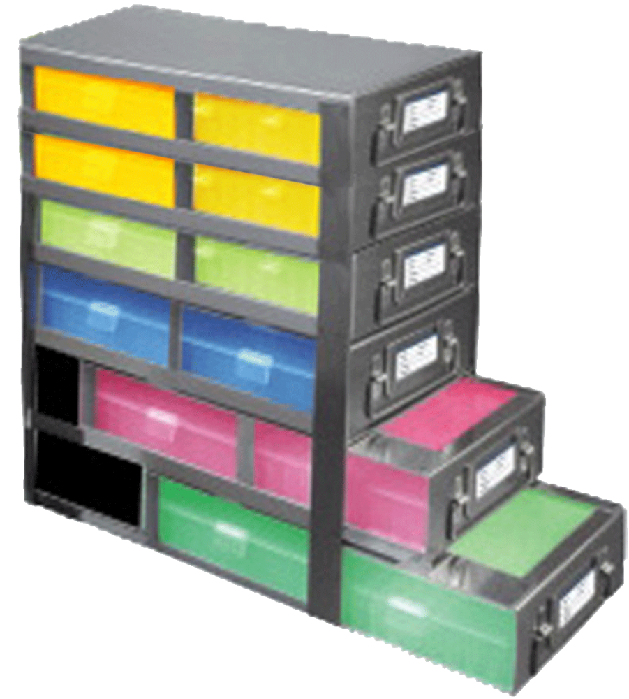 Upright Freezer Drawer Racks for 100-Cell Hinged Plastic Storage Boxes | 12 Boxes Total | Green Boxes