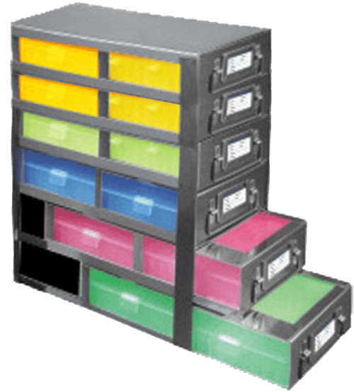 Upright Freezer Drawer Racks for 100-Cell Hinged Plastic Storage Boxes | 12 Boxes Total | Blue Boxes