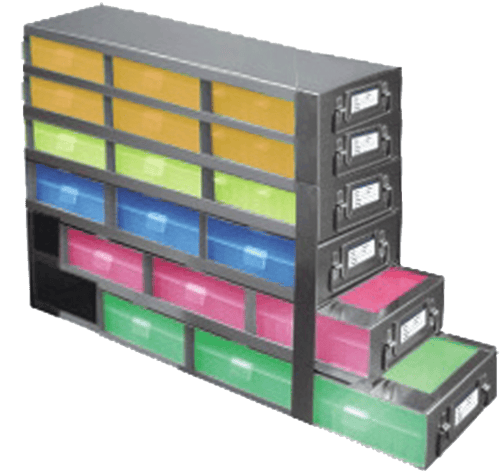 Upright Freezer Drawer Racks for 100-Cell Hinged Plastic Storage Boxes | 18 Boxes Total | Green Boxes