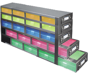 Upright Freezer Drawer Racks for 100-Cell Hinged Plastic Storage Boxes | 20 Boxes Total | Blue Boxes