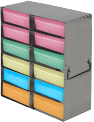 Upright Freezer Racks for 100-Cell Hinged Plastic Storage Boxes | 12 Boxes Total | Yellow Boxes