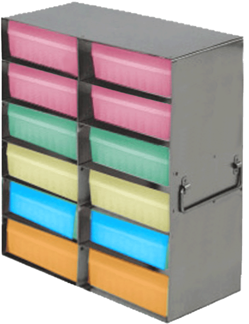 Upright Freezer Racks for 100-Cell Hinged Plastic Storage Boxes | 12 Boxes Total | Orange Boxes