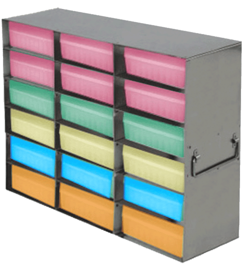 Upright Freezer Racks for 100-Cell Hinged Plastic Storage Boxes | 18 Boxes Total | Green Boxes