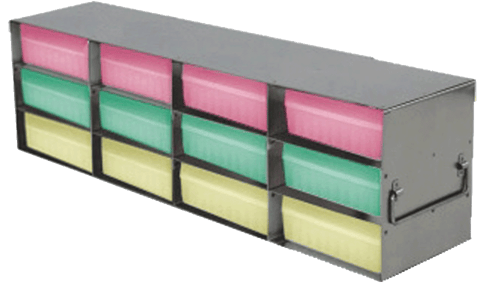 Upright Freezer Racks for 100-Cell Hinged Plastic Storage Boxes | 12 Boxes Total | Green Boxes