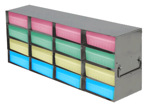 Upright Freezer Racks for 100-Cell Hinged Plastic Storage Boxes | 16 Boxes Total | Pink Boxes