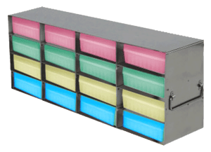 Upright Freezer Racks for 100-Cell Hinged Plastic Storage Boxes | 16 Boxes Total | Blue Boxes