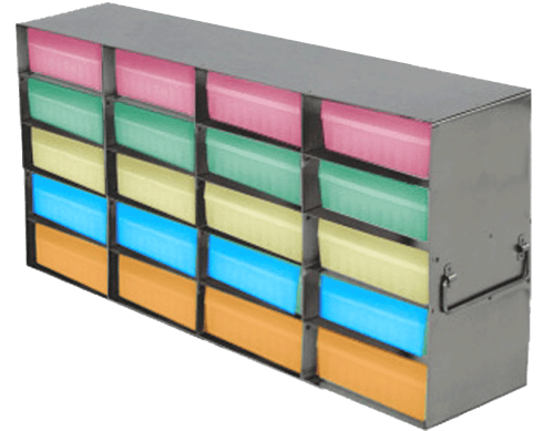 Upright Freezer Racks for 100-Cell Hinged Plastic Storage Boxes | 20 Boxes Total | Green Boxes