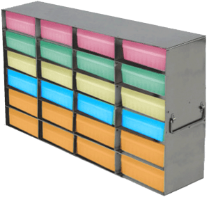 Upright Freezer Racks for 100-Cell Hinged Plastic Storage Boxes | 24 Boxes Total | Yellow Boxes